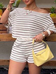 Muchica Plus Size Casual Asymmetric Shoulder Colorblock Knit Top And Shorts Set Fall - Apricot - View 5