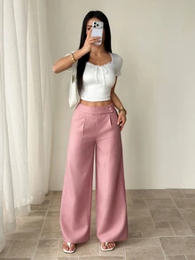 SHEIN PETITE Women's Dusty Pink Bamboo Fabric Elegant Wide Leg Pants,Summer Office Professional Teacher Uniform,Brunch Casual Overlay Buckle Loose Flowy Trousers ,Petite Women - Pink - View 4
