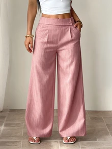 SHEIN PETITE Women's Dusty Pink Bamboo Fabric Elegant Wide Leg Pants,Summer Office Professional Teacher Uniform,Brunch Casual Overlay Buckle Loose Flowy Trousers ,Petite Women - Pink - View 7