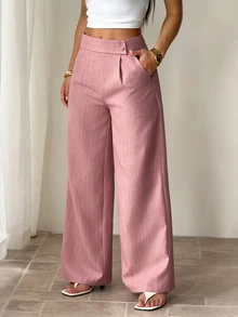 SHEIN PETITE Women's Dusty Pink Bamboo Fabric Elegant Wide Leg Pants,Summer Office Professional Teacher Uniform,Brunch Casual Overlay Buckle Loose Flowy Trousers ,Petite Women - Pink - View 8