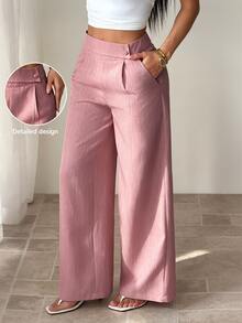 SHEIN PETITE Women's Dusty Pink Bamboo Fabric Elegant Wide Leg Pants,Summer Office Professional Teacher Uniform,Brunch Casual Overlay Buckle Loose Flowy Trousers ,Petite Women - Pink - View 6