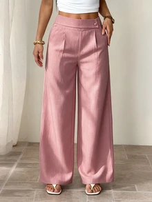 SHEIN PETITE Women's Dusty Pink Bamboo Fabric Elegant Wide Leg Pants,Summer Office Professional Teacher Uniform,Brunch Casual Overlay Buckle Loose Flowy Trousers ,Petite Women - Pink - View 3