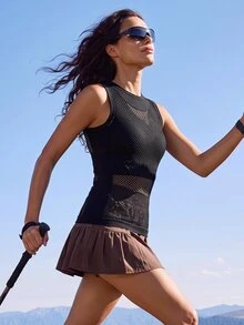 Exploreva Exploreva Women's Seamless Solid Color Mesh Sheer Round Neck Fitted Sleeveless Fitness Yoga Sports Tank Top - Black - View 1