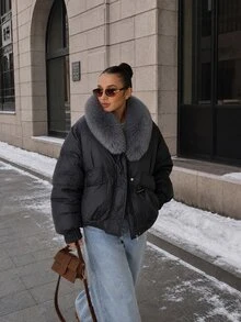 DAZY Women's Casual Long Sleeve Solid Color Winter Korean Style Padded Coat Jacket - Black - View 4