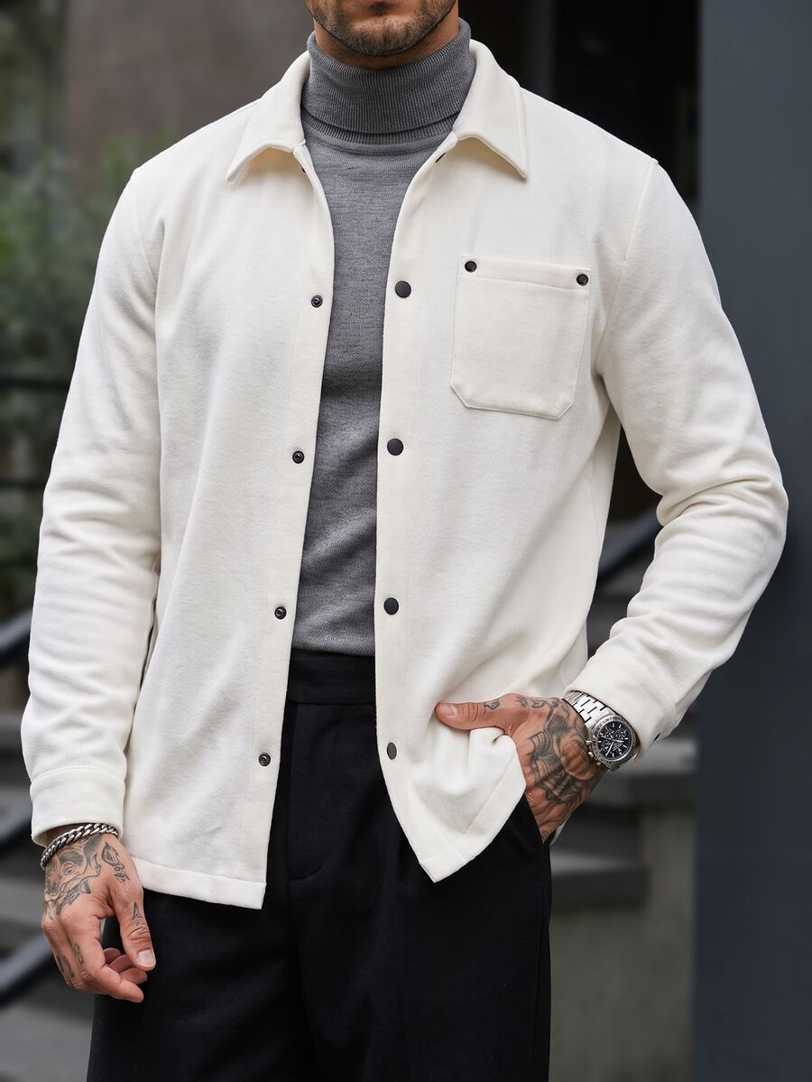Manfinity CasualCool 男士白色翻領夾克,極簡純色寬鬆單排扣羊毛大衣 - 白色 - 查看 1