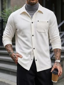 Manfinity CasualCool 男士白色翻領夾克，極簡純色寬鬆單排扣羊毛大衣 - 白色 - 查看 3