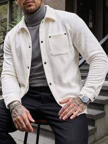 Manfinity CasualCool 男士白色翻領夾克，極簡純色寬鬆單排扣羊毛大衣 - 白色 - 查看 4