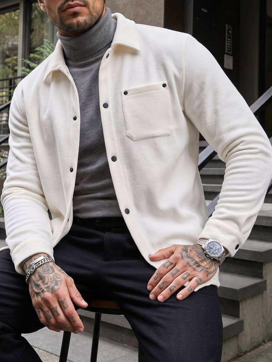 Manfinity CasualCool Men's White Lapel Jacket, Minimalist Solid Color Loose Single-Breasted Wool Coat - White - View 1