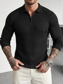 JOLTRO 男士百搭拉鍊半門襟長袖 Polo 衫 - 黑色 - 查看 3