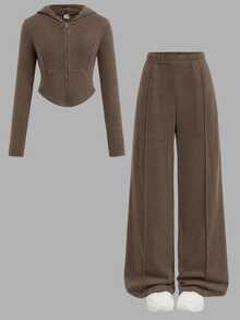 SHEIN Kids Tween Girls 2pcs Solid Brown Drawstring Hoodie Top And Wide Leg Pants Set, Casual For Spring/Autumn, Daily Wear - Brown - View 4