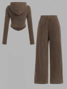 SHEIN Kids Tween Girls 2pcs Solid Brown Drawstring Hoodie Top And Wide Leg Pants Set, Casual For Spring/Autumn, Daily Wear - Brown - View 2