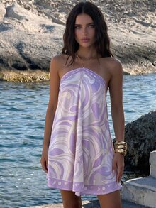 Aloruh Women's Elegant Sexy Tropical Metal Chain Buckle Satin Pink And Purple Striped Print Old Money Style Vacation Mini Dress Beach Summer - Mauve Purple - View 1