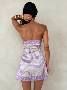 Aloruh Women's Elegant Sexy Tropical Metal Chain Buckle Satin Pink And Purple Striped Print Old Money Style Vacation Mini Dress Beach Summer - Mauve Purple - View 2