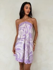 Aloruh Women's Elegant Sexy Tropical Metal Chain Buckle Satin Pink And Purple Striped Print Old Money Style Vacation Mini Dress Beach Summer - Mauve Purple - View 7