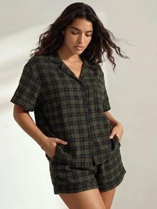 Ocili 经典格子印花加大码女式休闲短袖短裤翻领睡衣套装 - 綠色 - 查看 4