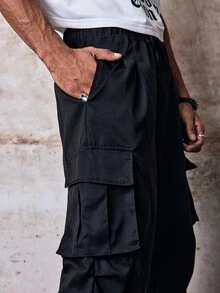 Skyrend Men's Spring/Autumn Thin Casual Slim Fit Fashion Long Pants Multi-Pocket Cargo Pants Grunge - Black - View 7