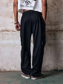 Skyrend Men's Spring/Autumn Thin Casual Slim Fit Fashion Long Pants Multi-Pocket Cargo Pants Grunge - Black - View 2