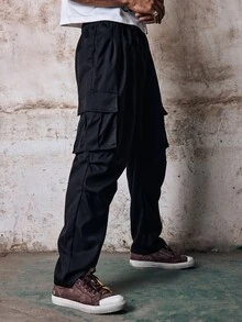 Skyrend Men's Spring/Autumn Thin Casual Slim Fit Fashion Long Pants Multi-Pocket Cargo Pants Grunge - Black - View 4