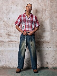 Men's Vintage Yellow Mud Distressed Cat Whisker Wide Leg Jeans, Nostalgic Washed Heavyweight Loose Straight Leg Pants, Street Style Fall/Autumn/Winter Grunge - Dark Wash - View 3