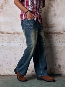 Men's Vintage Yellow Mud Distressed Cat Whisker Wide Leg Jeans, Nostalgic Washed Heavyweight Loose Straight Leg Pants, Street Style Fall/Autumn/Winter Grunge - Dark Wash - View 4