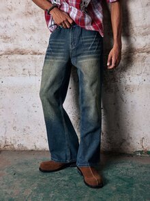 Men's Vintage Yellow Mud Distressed Cat Whisker Wide Leg Jeans, Nostalgic Washed Heavyweight Loose Straight Leg Pants, Street Style Fall/Autumn/Winter Grunge - Dark Wash - View 1