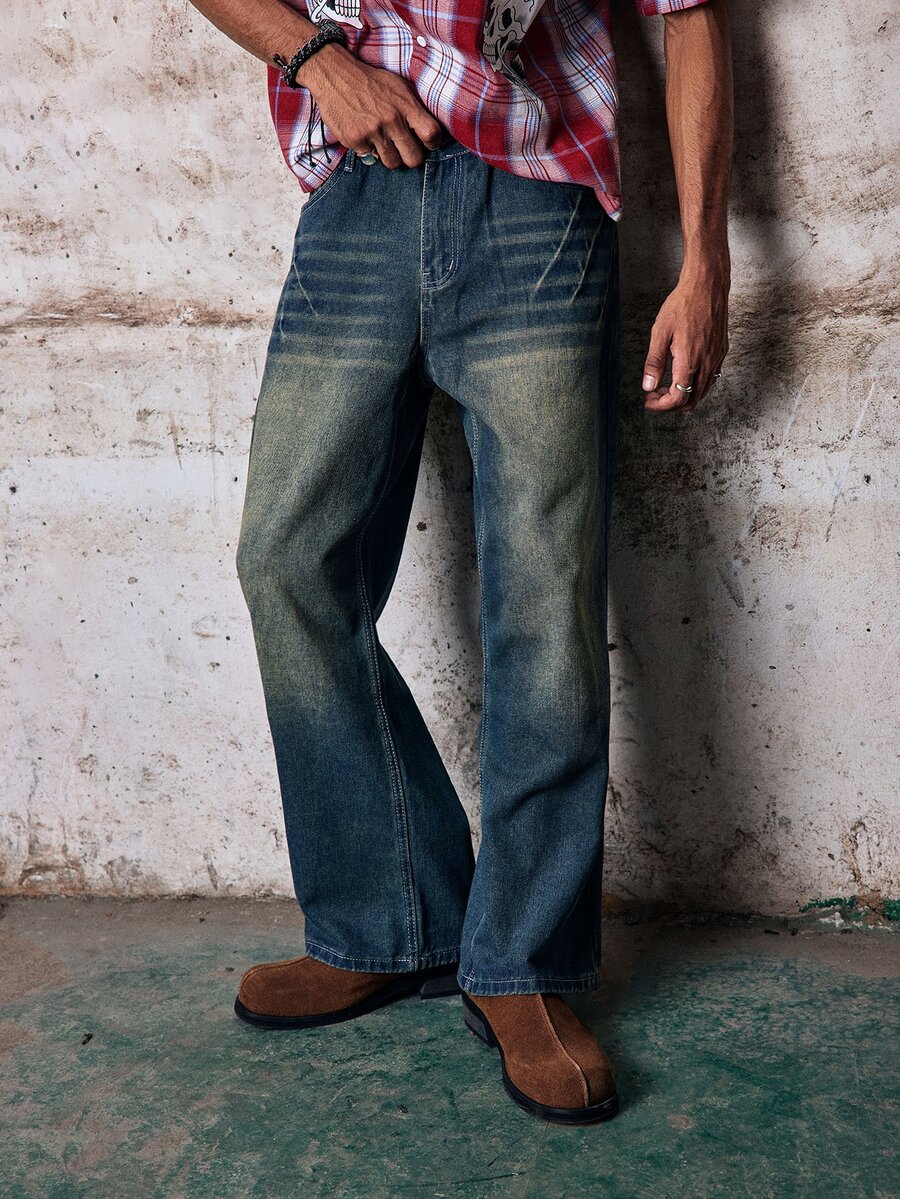 Men's Vintage Yellow Mud Distressed Cat Whisker Wide Leg Jeans, Nostalgic Washed Heavyweight Loose Straight Leg Pants, Street Style Fall/Autumn/Winter Grunge - Dark Wash - View 1
