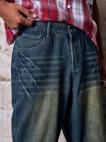 Men's Vintage Yellow Mud Distressed Cat Whisker Wide Leg Jeans, Nostalgic Washed Heavyweight Loose Straight Leg Pants, Street Style Fall/Autumn/Winter Grunge - Dark Wash - View 7