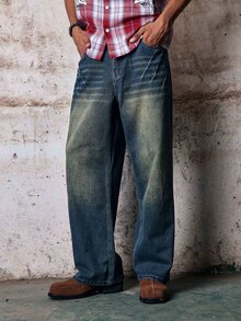 Men's Vintage Yellow Mud Distressed Cat Whisker Wide Leg Jeans, Nostalgic Washed Heavyweight Loose Straight Leg Pants, Street Style Fall/Autumn/Winter Grunge - Dark Wash - View 5