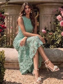 Anewsta Women's Elegant Round Neck Lace Hollow-Out Splice Dress, Spring & Summer - Mint Green - View 2
