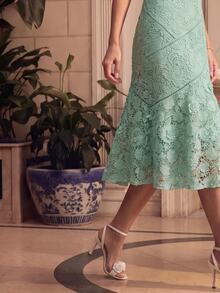 Anewsta Women's Elegant Round Neck Lace Hollow-Out Splice Dress, Spring & Summer - Mint Green - View 5