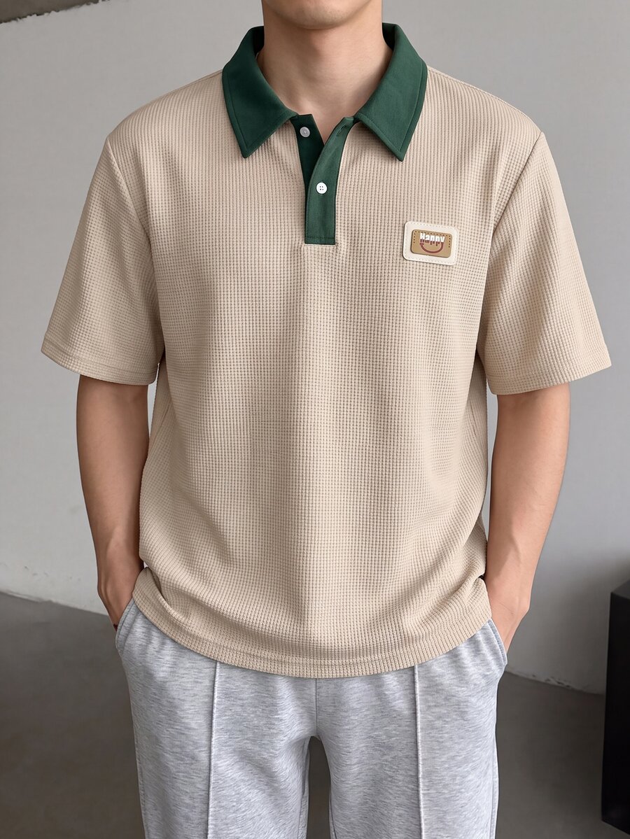 Claim Dot Men's Letter Embroidery Contrast Color Short Sleeve Casual Commuter Polo Shirt, Formal - Apricot - View 1