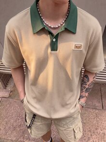 Claim Dot Men's Letter Embroidery Contrast Color Short Sleeve Casual Commuter Polo Shirt, Formal - Apricot - View 3