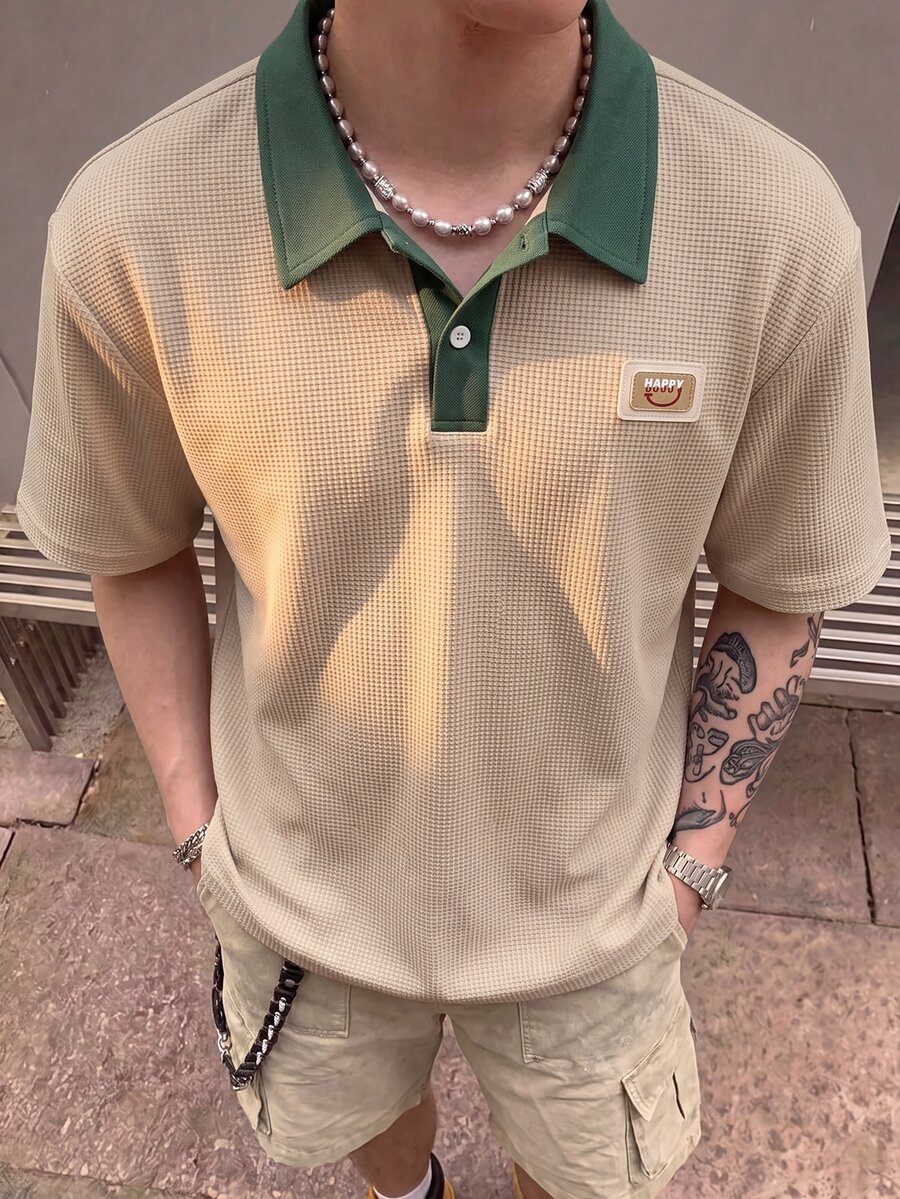 Claim Dot 男士字母刺繡對比色短袖休閒通勤 Polo 衫,正式款 - 杏色 - 查看 1