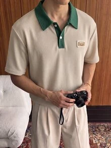 Claim Dot Men's Letter Embroidery Contrast Color Short Sleeve Casual Commuter Polo Shirt, Formal - Apricot - View 4