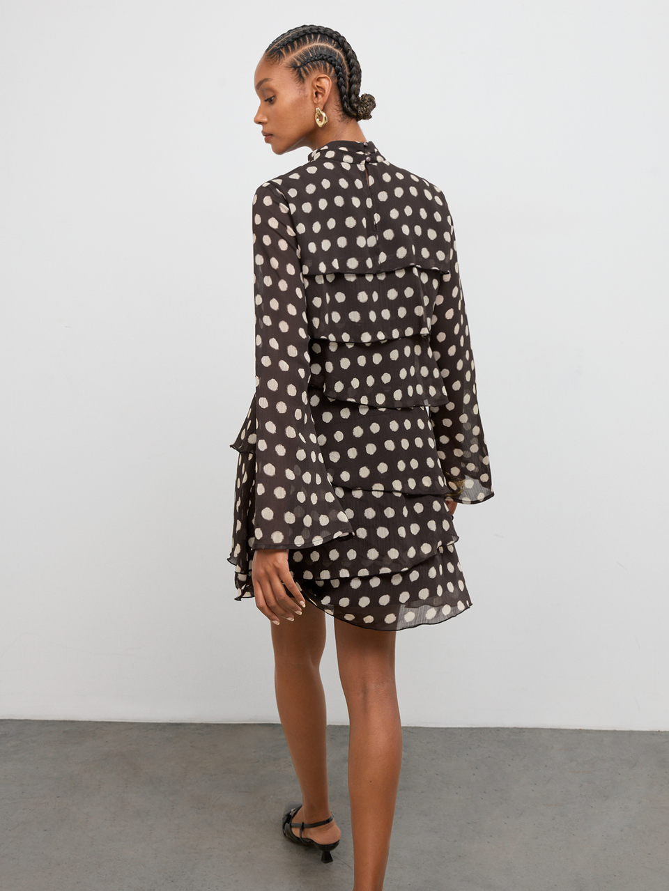 SHEIN Maija Brown Polka Dot Women's Short Dress With Flared Sleeves And Layered Ruffle Hem, Urban Casual Fall/Winter Vacation Y2k Country Halloween Festival