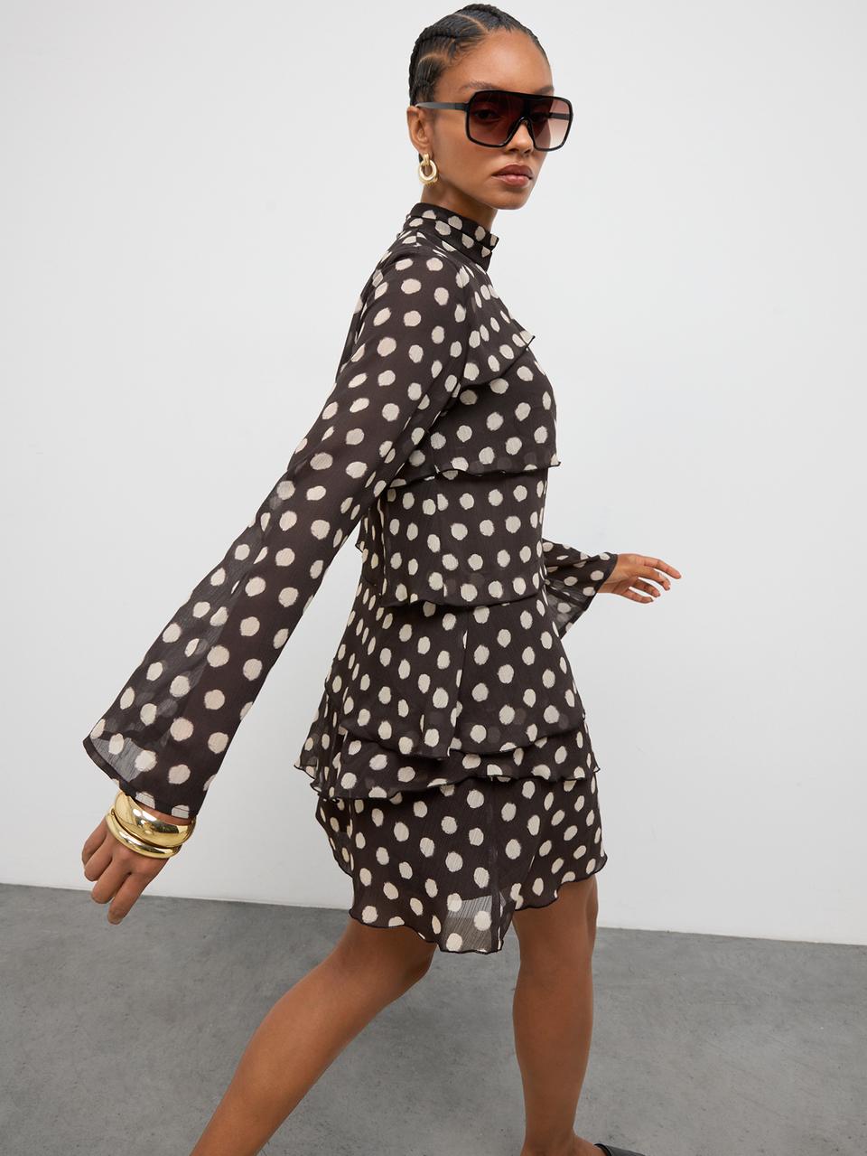 SHEIN Maija Brown Polka Dot Women's Short Dress With Flared Sleeves And Layered Ruffle Hem, Urban Casual Fall/Winter Vacation Y2k Country Halloween Festival