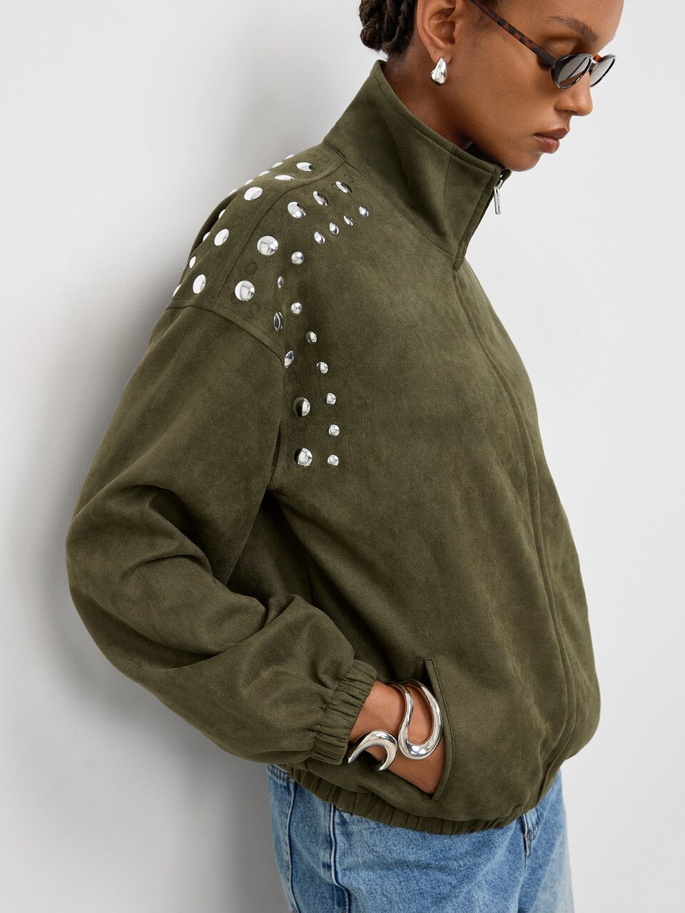 SHEIN Maija Army Green Women's Suede Jacket, Long Sleeve With Foil Decor, Urban Casual, Autumn/Winter