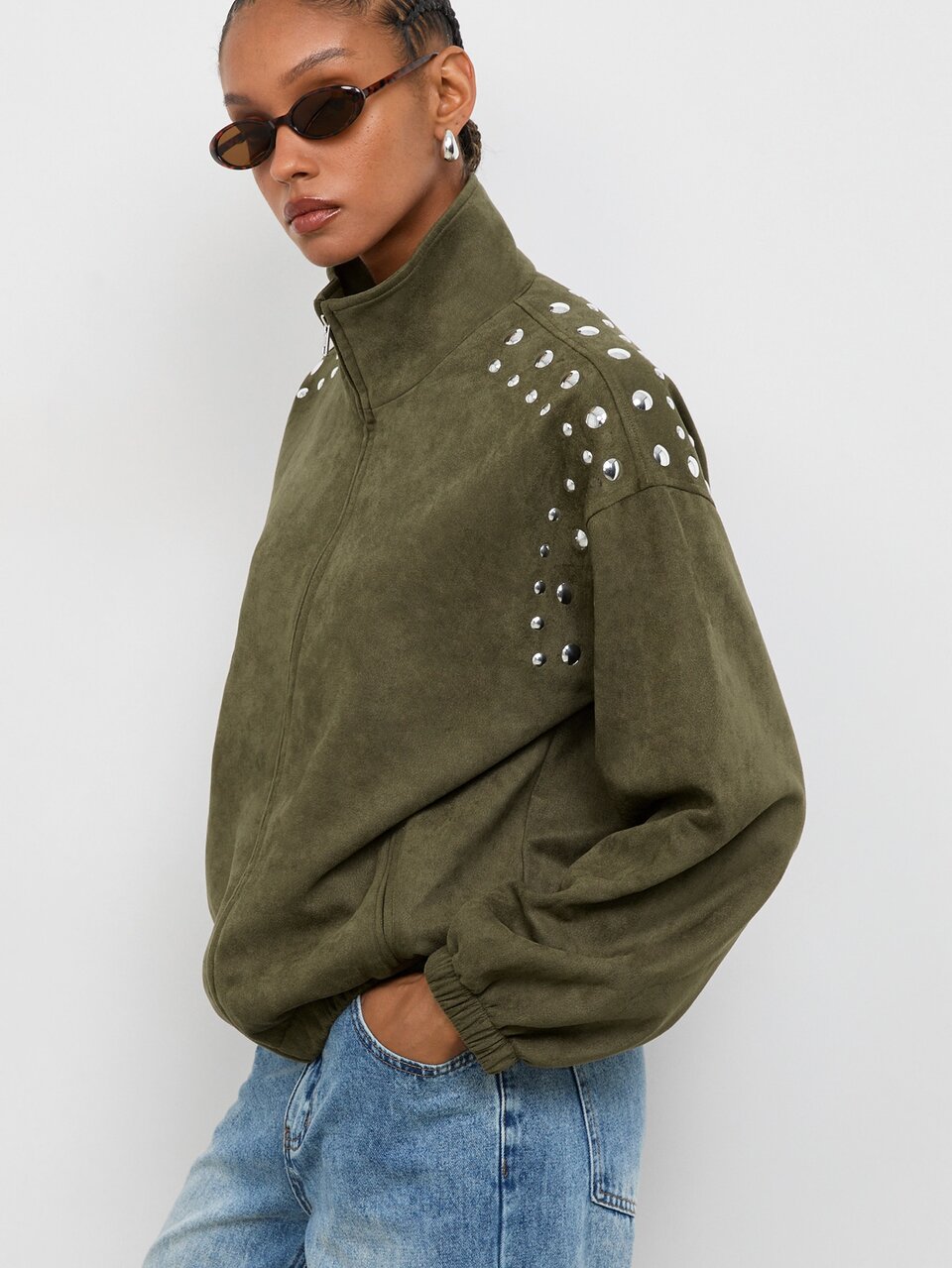 SHEIN Maija Army Green Women's Suede Jacket, Long Sleeve With Foil Decor, Urban Casual, Autumn/Winter