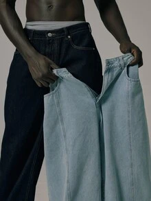 Musero Lose Fit Dark Denim Jeans Contrast Stitching Button Closure Spring Summer Essentials - Blue - View 2