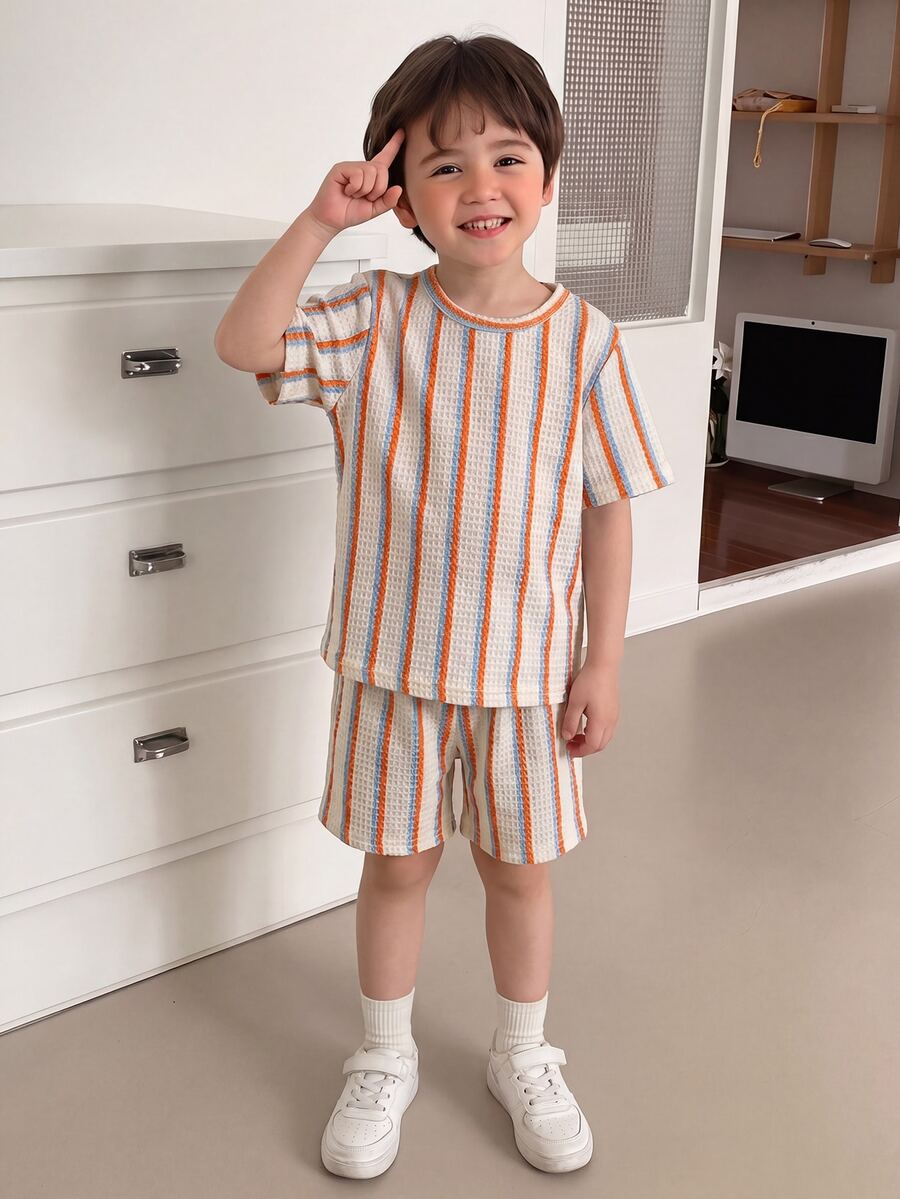 SHEIN Genkimix Kids 2件套男童夏季华夫格条纹短袖T恤和短裤套装