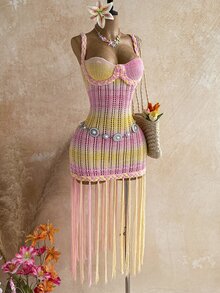 Soleia 春夏新款女款針織毛衣洋裝，休閒度假風，適合返校季、西式海灘婚禮賓客裝、畢業早午餐、聖帕翠克節、春假、復活節、音樂節，優雅波希米亞熱帶風，橘色誇張流蘇手工編繩設計，海灘度假穿搭 - 粉色 - 查看 8