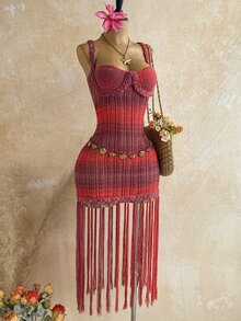 Soleia 女款橘色誇張流蘇手工編織繩編針織毛衣洋裝，優雅波希米亞熱帶風，適合春夏返校、休閒度假、西式海灘婚禮賓客、畢業早午餐、聖派翠克節、春假、復活節、音樂節、海灘假期 - 酒紅色 - 查看 6