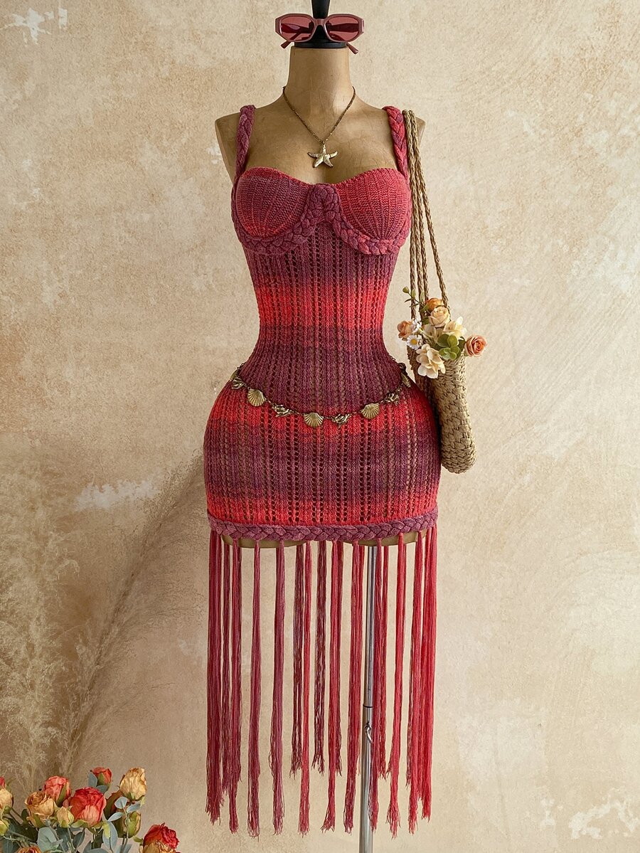 Soleia 女款橘色誇張流蘇手工編織繩編針織毛衣洋裝,優雅波希米亞熱帶風,適合春夏返校、休閒度假、西式海灘婚禮賓客、畢業早午餐、聖派翠克節、春假、復活節、音樂節、海灘假期 - 酒紅色 - 查看 1