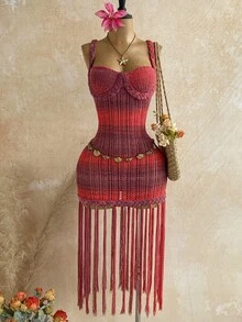 Soleia 女款橘色誇張流蘇手工編織繩編針織毛衣洋裝，優雅波希米亞熱帶風，適合春夏返校、休閒度假、西式海灘婚禮賓客、畢業早午餐、聖派翠克節、春假、復活節、音樂節、海灘假期 - 酒紅色 - 查看 4