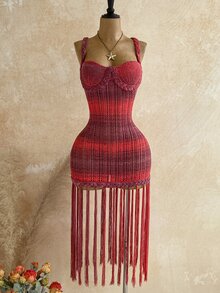 Soleia 女款橘色誇張流蘇手工編織繩編針織毛衣洋裝，優雅波希米亞熱帶風，適合春夏返校、休閒度假、西式海灘婚禮賓客、畢業早午餐、聖派翠克節、春假、復活節、音樂節、海灘假期 - 酒紅色 - 查看 3