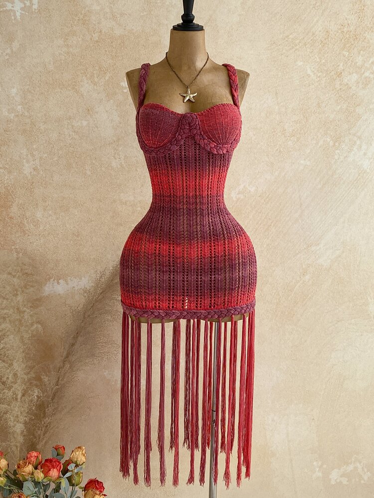 Soleia Women's Orange Exaggerated Tassel Handmade Braided Rope Knit Sweater Dress, Elegant Bohemian Tropical Style For Spring/Summer Back To School, Casual Vacation, Western Beach Wedding Guest, Graduation Brunch, St. Patrick's Day, Spring Break, Easter, Music Festival, Beach Holiday - Burgundy - View 3