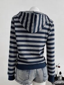 SHEIN 秋季/青少年女孩條紋圖案連帽拉鍊外套－拼色混搭街頭風 Y2K 休閒款，保暖針織面料校園海軍藍 - 藍色 - 查看 2