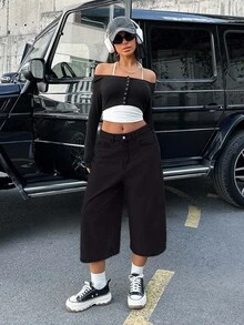 EURMUSE WOMEN LOW WAIST SNOW WASH DENIM SHORT Travel Black Summer Streetwear Basic - Black - View 5