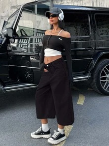 EURMUSE WOMEN LOW WAIST SNOW WASH DENIM SHORT Travel Black Summer Streetwear Basic - Black - View 6