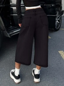 EURMUSE WOMEN LOW WAIST SNOW WASH DENIM SHORT Travel Black Summer Streetwear Basic - Black - View 3